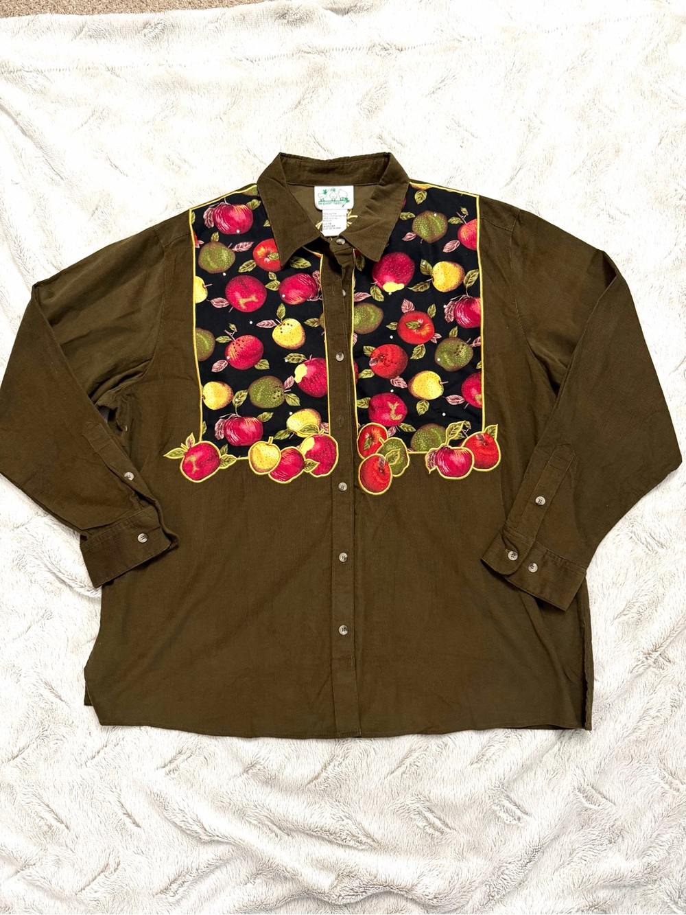 Vintage Quacker Factory Apple Embroidered Patchwork Blouse 1X Teachercore Granny